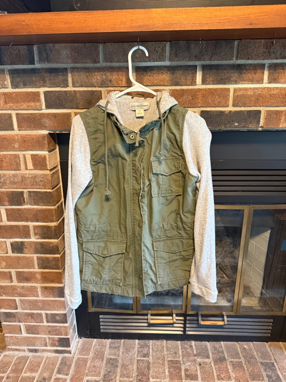 Lucky Brand Olive Green Utility Jacket with Light Gray Hoodie Sleeves